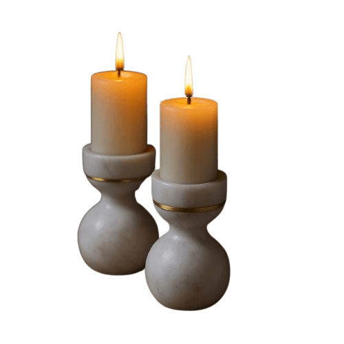 BRASS & WHITE MARBLE TAPER CANDLE HOLDER SET OF 2
